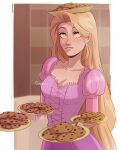  1girl blonde_hair cookie dress food food_on_head gonzais green_eyes highres holding holding_plate long_hair looking_up object_on_head pink_dress plate rapunzel_(disney) solo tangled upper_body very_long_hair 