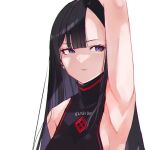  1girl arm_up armpits asymmetrical_bangs black_hair blue_eyes breasts closed_mouth clothes_writing colored_inner_hair eunhwa_(nikke) forehead goddess_of_victory:_nikke lips long_hair multicolored_hair ninchan purple_hair sideboob simple_background solo white_background 