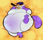  2023 ambiguous_gender anthro belly big_belly breasts clothing fangs feet flat_colors hat headgear headwear hi_res huge_belly kafreak kafrizzzle navel obese obese_anthro one_eye_closed overweight overweight_anthro purple_clothing purple_feet purple_hands purple_hat purple_headwear purple_tail seductive simple_background smile solo tail teeth tongue unknown_species watermark white_body wink yellow_background yellow_eyes yellow_tongue 