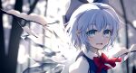 1girl :d blue_bow blue_dress blue_eyes blue_hair blurry blurry_background bow bowtie branch cirno collared_shirt dise_(psychoro) dress hair_bow highres ice ice_wings looking_at_viewer open_mouth puffy_short_sleeves puffy_sleeves red_bow red_bowtie shirt short_sleeves smile snow teeth touhou tree upper_body upper_teeth_only wings 