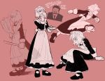  1boy 1other androgynous apron black_hair black_suit blonde_hair broom formal frilled_apron frills full_body highres holding holding_broom hunter_x_hunter kurapika leorio_paladiknight long_sleeves maid maid_apron maid_headdress necktie profile red_background round_eyewear running short_hair simple_background spiked_hair suit tiredhomeboi upper_body white_apron 