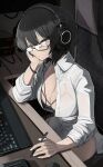  1girl black_bra black_hair blue_eyes bra breasts cleavage collared_shirt dress_shirt genek headphones holding holding_pencil indoors keyboard_(computer) large_breasts looking_at_viewer mechanical_pencil original partially_unbuttoned pencil see-through semi-rimless_eyewear shirt short_hair sitting sleeves_rolled_up solo underwear white_shirt 