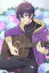  1boy belt black_hair black_pants black_sweater blanc1771 chain_necklace earrings flower guitar highres holding holding_instrument hydrangea indie_virtual_youtuber instrument jacket jewelry long_sleeves looking_at_viewer male_focus music necklace open_mouth pants playing_instrument purple_eyes purple_jacket short_hair shoto_(vtuber) smile solo sweater virtual_youtuber 