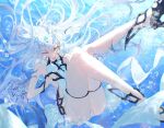  1girl air_bubble bubble dragon_horns dragon_wings fate/grand_order fate_(series) forked_eyebrows highres horns long_hair melusine_(fate) melusine_(swimsuit_ruler)_(fate) ocean one-piece_swimsuit one_eye_closed swimsuit uda_(xax_057) underwater white_hair white_one-piece_swimsuit wings yellow_eyes 