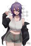  1girl :d alternate_costume bare_shoulders black_jacket breasts collarbone cowboy_shot dolphin_shorts eyepatch hair_between_eyes hand_up highres jacket kantai_collection large_breasts long_sleeves looking_at_viewer medium_hair midriff mizoredama1 navel off_shoulder purple_hair shorts signature simple_background smile solo tank_top teeth tenryuu_(kancolle) upper_teeth_only v w white_tank_top yellow_eyes 
