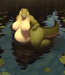  anthro belly big_belly big_breasts breasts crocodilian female green_body green_scales hi_res inverted_nipples lily_pad looking_at_viewer nipples non-mammal_breasts non-mammal_nipples nude overweight overweight_anthro overweight_female partially_submerged plant reptile scales scalie sharp_teeth solo tail teeth tenynn thick_tail thick_thighs water 