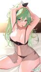  1girl adjusting_hair bed_sheet black_bra black_panties black_ribbon bra breasts closed_mouth collarbone fuwafuwatoufu green_eyes green_hair hair_ribbon highres kantai_collection large_breasts long_hair mouth_hold one-hour_drawing_challenge panties ponytail ribbon solo twitter_username underwear underwear_only yamakaze_(kancolle) 