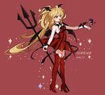  2girls blonde_hair boots demon_wings dream_(1791923913) dress fang full_body half_updo head_wings highres hoshina_utau il_(shugo_chara!) looking_to_the_side lunatic_charm multiple_girls open_mouth purple_eyes red_background red_dress red_footwear shugo_chara! thigh_boots twintails wings 
