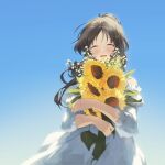  1girl ^_^ absurdres blue_sky blush bouquet brown_hair closed_eyes commentary_request dress flower highres holding holding_bouquet idolmaster idolmaster_cinderella_girls long_hair outdoors ponytail sanpo_(sanpo_1027) sky smile solo sunflower takamori_aiko white_dress 