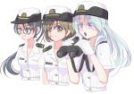  alternate_costume amagiri_(kancolle) asymmetrical_bangs bandaid bandaid_on_face brown_eyes burckhardt cropped_torso epaulettes female_service_cap glasses gloves grey_eyes grey_hair grin hair_between_eyes highres japan_maritime_self-defense_force japan_self-defense_force kantai_collection light_brown_hair long_hair military military_uniform naval_uniform oboro_(kancolle) ponytail purple_eyes sagiri_(kancolle) shirt simple_background smile swept_bangs uniform very_long_hair white_background white_gloves white_shirt 