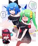  !? 3girls absurdres barefoot black_choker black_shirt blue_eyes blue_hair blush choker cirno closed_eyes clothes_writing commission cosplay daiyousei detached_wings earth_(ornament) eighth_note fairy fairy_wings fang green_eyes green_hair hair_between_eyes hecatia_lapislazuli hecatia_lapislazuli_(cosplay) highres ice ice_wings long_hair moon_(ornament) multicolored_clothes multicolored_skirt multiple_girls musical_note off-shoulder_shirt off_shoulder open_mouth polos_crown red_hair shirt short_hair short_sleeves side_ponytail skeb_commission skirt smile spoken_musical_note t-shirt touhou wings you_(noanoamoemoe) 