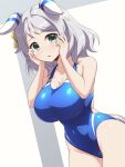 1girl alternate_costume animal_ears backless_swimsuit blue_eyes blue_one-piece_swimsuit breasts chestnut_mouth cleavage cowboy_shot ear_covers ear_ornament ears_down grey_hair highleg highleg_swimsuit highres hishi_miracle_(umamusume) horse_ears horse_girl horse_tail large_breasts looking_at_viewer one-piece_swimsuit pataneet short_hair simple_background solo swimsuit tail umamusume white_background 