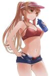  1girl bikini bikini_under_clothes blue_shorts blunt_bangs bottle breasts cowboy_shot hair_ornament hair_scrunchie hand_on_own_hip hand_up helena_(kancolle) holding holding_bottle kantai_collection long_hair looking_to_the_side medium_breasts navel no_nose one-hour_drawing_challenge open_fly parted_lips pink_headwear pink_scrunchie ponytail red_bikini scrunchie short_shorts shorts simple_background solo swimsuit thighs very_long_hair visor_cap wet white_background yamashichi_(mtseven) 