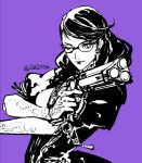  1girl bayonetta bayonetta_(series) bayonetta_3 breasts dress earrings glasses greyscale gun highres holding holding_gun holding_weapon jewelry lips medium_breasts mole mole_under_mouth monochrome one_eye_closed purple_background simple_background sketch solo twitter_username upper_body weapon za210n 