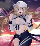  1girl artoria_caster_(swimsuit)_(fate) asymmetrical_pants bikini blonde_hair breasts commentary_request fate/grand_order fate_(series) green_eyes hair_between_eyes hat highres looking_at_viewer medium_breasts miya_28o navel open_mouth solo swimsuit teeth tongue twintails 