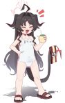  1girl absurdres ahoge alternate_color_school_swimsuit alternate_costume black_hair blue_archive breasts closed_eyes commentary covered_navel cup demon_girl demon_horns demon_tail drinking_straw fang full_body hair_intakes halo hand_on_own_hip highres holding holding_cup horns kasumi_(blue_archive) long_hair lulubelleiii name_tag notice_lines one-piece_swimsuit open_mouth red_halo sandals school_swimsuit shadow simple_background small_breasts solo standing swimsuit tail very_long_hair white_background white_one-piece_swimsuit 