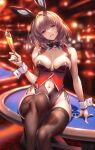  1girl animal_ears arm_support black_bow black_bowtie black_thighhighs blurry blurry_background blush bob_cut bow bowtie breasts breasts_apart casino_card_table champagne_flute clothing_cutout collarbone cup detached_collar drinking_glass duplicate fake_animal_ears feet_out_of_frame groin head_tilt highleg highleg_leotard highres holding holding_cup idolmaster idolmaster_cinderella_girls leotard medium_breasts mole mole_under_eye navel navel_cutout piromizu pixel-perfect_duplicate playboy_bunny rabbit_ears sitting sleeves_past_wrists smile solo table takagaki_kaede thighhighs 