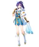  1girl ahoge alternate_costume arm_guards asahikawa_hiyori belt boots dress feather_trim fingerless_gloves fir_(fire_emblem) fir_(resplendent)_(fire_emblem) fire_emblem fire_emblem:_the_binding_blade fire_emblem_heroes full_body fur_trim gloves gold_trim gradient_clothes hair_ornament hand_up highres holding knee_boots long_hair looking_at_viewer non-web_source official_alternate_costume official_art open_mouth purple_eyes purple_hair scarf short_dress short_sleeves side_ponytail smile solo standing transparent_background 