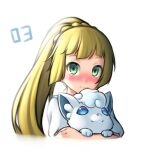  1girl alolan_vulpix blonde_hair closed_mouth green_eyes holding holding_pokemon lillie_(pokemon) long_hair looking_at_viewer pinguinkotak pokemon pokemon_(anime) pokemon_(creature) pokemon_sm_(anime) ponytail shirt short_sleeves upper_body white_background white_shirt 