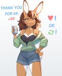  absurd_res anthro beverage_can bottomwear brown_hair clothed clothing female fensu-san fully_clothed fur hair hand_on_hip hi_res jacket jessie_(fensu-san) lagomorph leporid mammal open_clothing open_jacket open_topwear rabbit shorts simple_background solo strip_meme tan_body tan_fur topwear twitter white_background yellow_eyes 