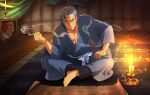  1boy bercouli_(sao) blue_hair blue_kimono collarbone full_body hand_on_lap indian_style indoors japanese_clothes kimono leaning_forward male_focus parted_lips short_hair sitting smoke smoking solo sword_art_online wooden_floor 