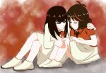  artist_name black_hair child comforting highres karinakamichi kill_la_kill kiryuuin_satsuki long_hair matoi_ryuuko multicolored_hair red_hair sepia siblings sisters sketch tears two-tone_hair watermark 