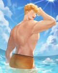  1boy bara blonde_hair blue_sky closed_eyes cloud day granblue_fantasy higashigunkan highres large_pectorals male_focus male_swimwear muscular muscular_male official_alternate_costume open_mouth orange_male_swimwear outdoors partially_submerged pectorals short_hair sky smile solo sunlight topless_male undercut vane_(granblue_fantasy) vane_(summer)_(granblue_fantasy) water 