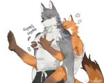  anthro black_sclera bodily_fluids canid canine canis clothing countershading drawstring drawstring_bottomwear duo embrace eyes_closed fluffy fox fur gloves_(marking) grey_body grey_fur hi_res hug hugging_from_behind leg_markings lying male male/male mammal markings muscular muscular_male on_back onomatopoeia orange_body orange_fur pec_grab shirt simple_background socks_(marking) sound_effects sweat tail tank_top text topwear white_background white_body white_countershading wolf yuuko891 