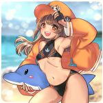  1girl anchor_symbol armpits bare_shoulders beach black_gloves breasts brown_eyes brown_hair cabbie_hat fingerless_gloves gloves guilty_gear guilty_gear_strive hat highres jacket may_(guilty_gear) midriff navel ocean orange_headwear orange_jacket skull_and_crossbones small_breasts solo stomach stuffed_animal stuffed_toy swimsuit tano_t thighs wet 