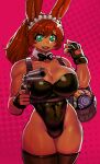  2023 animal_humanoid basket big_breasts bow_tie breasts cleavage clothed clothing container easter easter_egg ezzyecchi female gun hair handgun hi_res holidays humanoid lagomorph lagomorph_humanoid leotard leporid_humanoid maid_headdress mammal mammal_humanoid rabbit_humanoid ranged_weapon red_hair revolver shirt_collar solo tan_body tan_skin weapon 