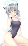  1girl absurdres animal_ear_fluff animal_ears barefoot black_one-piece_swimsuit blue_archive blue_eyes breasts competition_swimsuit covered_navel cross_hair_ornament extra_ears grey_hair hair_ornament halo highres kneeling korie_riko low_ponytail medium_breasts medium_hair mismatched_pupils multicolored_clothes multicolored_swimsuit one-piece_swimsuit shiroko_(blue_archive) shiroko_(swimsuit)_(blue_archive) simple_background solo swimsuit white_background wolf_ears 