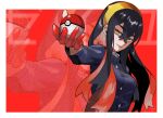  1girl black_hair border breasts buttons carmine_(pokemon) commentary_request crossed_bangs eyelashes gloves hair_between_eyes hairband highres holding holding_poke_ball jacket long_hair long_sleeves momijisio parted_lips partially_fingerless_gloves poke_ball poke_ball_(basic) pokemon pokemon_(game) pokemon_sv red_gloves sidelocks smile solo white_border yellow_eyes yellow_hairband zoom_layer 