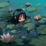  1girl black_hair blue_eyes commentary_request day floating_hair flower half-closed_eyes lily_pad long_hair looking_ahead lotus myango_(applemangocrape) original outdoors partially_submerged plant_on_head solo swimming water wet wet_hair white_flower 