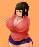  breasts green_eyes green_hair highres large_breasts looking_at_viewer midoriya_inko non-web_source nonesaint plump shirt sweater_vest thick_thighs thighs v white_shirt 