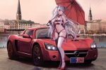  1girl absurdres alternate_costume asymmetrical_gloves asymmetrical_legwear azur_lane car character_name copyright_name detached_collar elbing_(azur_lane) fingerless_gloves full_body gloves grey_hair heterochromia high_heels highres holding holding_umbrella jacket kcar66t license_plate location_request long_hair mismatched_gloves mismatched_legwear motor_vehicle navel necktie off_shoulder opel_(company) opel_speedster open_clothes open_jacket product_placement race_queen revealing_clothes short_necktie sports_car standing thigh_strap two_side_up umbrella vehicle_focus 