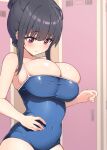  1girl bare_arms black_hair blurry blurry_background blush breasts bursting_breasts cleavage closed_mouth covered_navel eyelashes furrowed_brow hair_between_eyes hair_bun highres large_breasts locker locker_room looking_away looking_down original purple_eyes school_swimsuit sidelocks solo swimsuit tsurukusa_ponzu undersized_clothes upper_body 