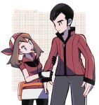  1boy 1girl :d bandana bike_shorts_under_skirt black_eyes black_hair blue_eyes brown_hair closed_mouth collared_shirt commentary_request eyelashes fanny_pack father_and_daughter gloves grey_pants holding_another&#039;s_arm hsngamess jacket may_(pokemon) norman_(pokemon) open_mouth orange_bag pants pokemon pokemon_(game) pokemon_rse red_bandana red_jacket red_shirt shirt short_hair skirt smile tongue twitter_username white_skirt 