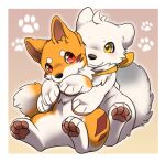  canid canine canis chibi dipstick_tail domestic_dog duo embrace female footprint fox fur hug hybrid kitsuneinu male mammal markings orange_body orange_fur pawpads pawprint paws red_eyes scarf semi-anthro shiroinu_(character) sitting smile tail tail_markings tsukune_minaga tuft white_body white_fur yellow_eyes yellow_scarf 