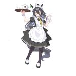 1girl ahoge animal_ears apron arm_up black_dress black_hair black_pantyhose blush closed_mouth collared_shirt cup dress flat_chest full_body hair_between_eyes hand_up holding holding_tray horse_ears horse_girl horse_tail loafers long_hair looking_at_viewer maid_headdress manhattan_cafe_(umamusume) multicolored_hair necktie pantyhose puffy_short_sleeves puffy_sleeves shirt shoes short_sleeves simple_background solo streaked_hair suimz tail teapot tray umamusume white_background wrist_cuffs yellow_eyes yellow_necktie 