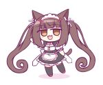  1girl :3 animal_ear_fluff animal_ears apron blunt_bangs blush bow brown_eyes brown_hair cat_ears cat_girl cat_tail chibi chocola_(nekopara) hair_ribbon kashimu long_hair maid maid_apron maid_headdress nekopara pink_bow red_bow red_footwear ribbon simple_background smile solo tail thighhighs twintails very_long_hair waving white_ribbon 