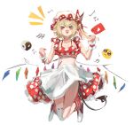  &gt;_&lt; 1girl apron bikini blonde_hair bow crystal emoji flandre_scarlet hat hat_bow internet_survivor jumping laevatein_(tail) medium_hair mob_cap open_mouth pleading_face_emoji pointy_ears polka_dot polka_dot_bikini polka_dot_skirt red_bikini red_bow red_skirt side_ponytail simple_background skirt smile solo sparkle71059204 swimsuit tail touhou white_apron white_background white_headwear wings wrist_cuffs yin_yang youtube_logo 