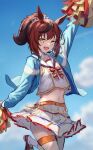  1girl animal_ears arm_up belt blue_jacket blurry blurry_background brown_hair cloud day e_nnihql highres holding holding_pom_poms horse_ears jacket long_sleeves looking_at_viewer midriff navel nice_nature_(run&amp;win)_(umamusume) nice_nature_(umamusume) open_clothes open_jacket open_mouth outdoors pom_pom_(cheerleading) ponytail sailor_collar shirt shoes short_hair skirt sleeveless sleeveless_shirt smile socks solo thigh_strap umamusume white_shirt white_skirt white_socks yellow_eyes 