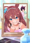  2girls absurdres ahoge animal_ears blue_eyes blush bottle brown_hair cellphone closed_eyes commentary_request fingersmile hairband hand_on_own_face highres horse_ears horse_girl indoors komugikokonko long_hair looking_at_mirror mihono_bourbon_(umamusume) mirror multiple_girls nishino_flower_(umamusume) perfume_bottle phone reflection_focus short_hair smartphone sweatdrop umamusume 