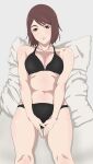  1girl bikini black_bikini breasts brown_eyes brown_hair cleavage closed_mouth eyelashes feet_out_of_frame grey_background highres ieiri_shoko jujutsu_kaisen lips looking_at_viewer lying makkori_(utoxrjimlx8x49s) medium_breasts mole mole_under_eye navel on_back own_hands_together pillow short_hair simple_background smile solo stomach swept_bangs swimsuit 