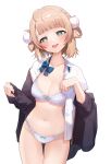  1girl :d blonde_hair blunt_bangs blush bra breasts cardigan cleavage g_li green_eyes hair_ornament heart heart-shaped_pupils highres indie_virtual_youtuber navel off_shoulder open_clothes open_mouth panties shigure_ui_(vtuber) short_hair simple_background smile solo symbol-shaped_pupils underwear virtual_youtuber white_background white_bra white_panties 