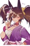  1girl :d animal_ears blue_eyes breasts brown_hair chest_sarashi cleavage commentary_request fox_mask fox_shadow_puppet grin hand_on_own_hip highres horse_ears horse_girl inari_one_(umamusume) japanese_clothes kimono large_breasts long_sleeves looking_at_viewer mask medium_hair obi one_eye_closed pink_kimono renma_(renma_0503) sarashi sash scrunchie simple_background smile solo twintails twitter_username umamusume upper_body white_background wrist_scrunchie 