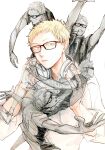  1boy arms_up blonde_hair clenched_teeth closed_mouth glasses haikyuu!! headphones highres looking_at_viewer open_mouth short_hair short_sleeves simple_background sportswear sweat teeth tsukishima_kei uchoohicohshi variations volleyball volleyball_uniform white_background yellow_eyes 