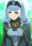  1girl black_hairband blue_cape blue_hair blunt_bangs breasts cape center_frills commentary_request dress fire_emblem fire_emblem:_three_houses fire_emblem_warriors:_three_hopes frills gold_trim grey_eyes hairband isa_(peien516) lace-trimmed_hairband lace_trim long_hair long_sleeves looking_at_viewer marianne_von_edmund medium_breasts official_alternate_costume official_alternate_hairstyle solo 