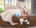  1boy abs aura bara beard biceps brown_hair cape character_request check_character column_lineup commission cross_print dungeon_and_fighter energy_fist facial_hair full_body kulolin large_pectorals leg_belt male_focus male_priest_(dungeon_and_fighter) mature_male multicolored_hair muscular muscular_male mustache navel nipples on_one_knee pants pectorals saint_(dungeon_and_fighter) second-party_source shirt short_hair shoulder_tattoo sidepec sleeveless solo streaked_hair tattoo thick_thighs thighs tight_clothes tight_shirt topless_male white_cape white_pants 