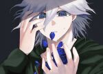  1boy black_background black_eyes blue_eyes blue_flower danganronpa_(series) danganronpa_2:_goodbye_despair famima_de_neppuri flower green_jacket grey_hair hair_between_eyes hand_up hands_up highres jacket komaeda_nagito long_sleeves messy_hair open_clothes open_jacket portrait simple_background solo tears teeth 